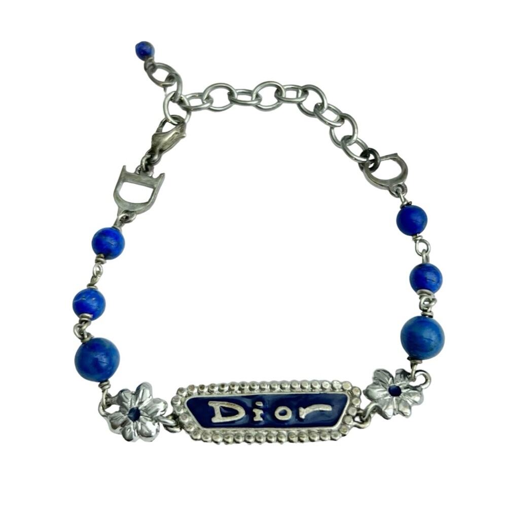 AUTH VTG Christian Dior Lapis Gemstone Silver Chain Logo Nameplate Bracelet